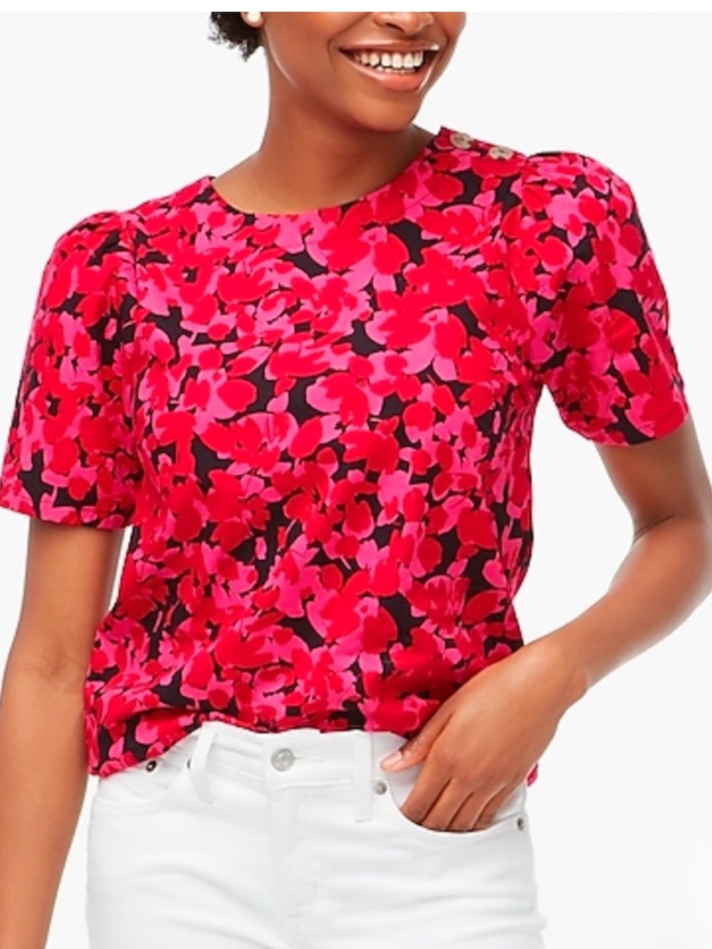 J. Crew Cotton Floral Button-Shoulder Short Puff Sleeve Top